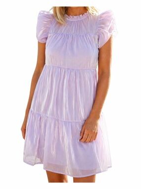 Entro Lavender Iridescent Tiered Ruffle Sleeve Babydoll Mini Dress - Medium